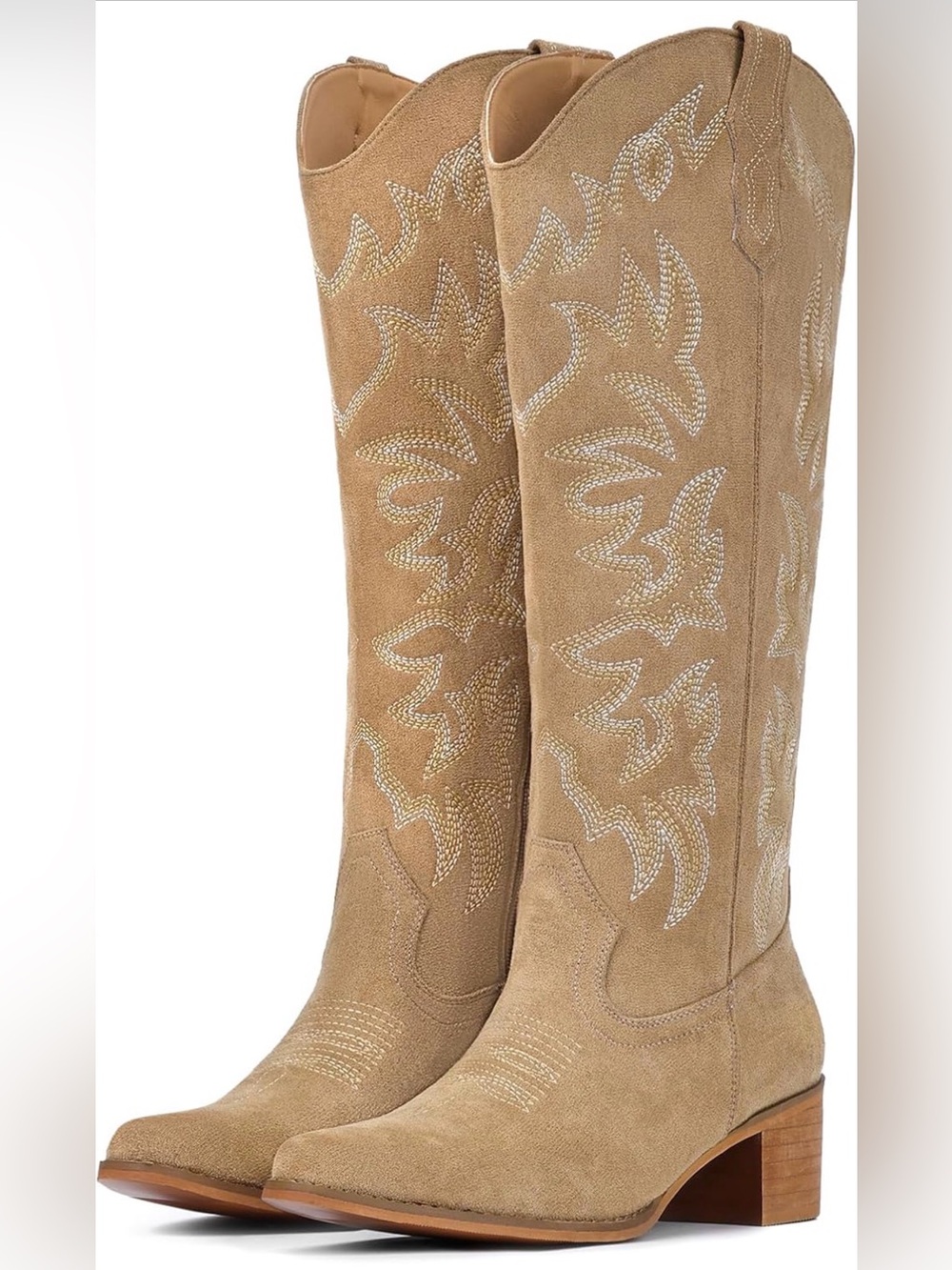 Tan Suede Western Knee-High Boots with Embroidered Detail